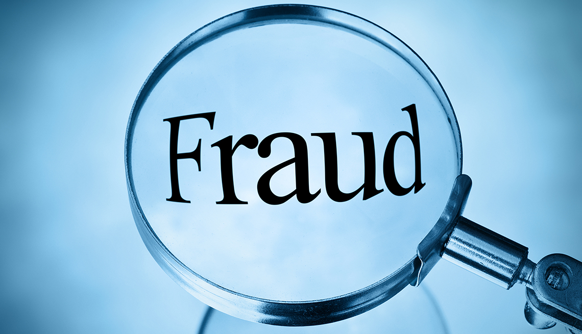 Magnifying glass with the word fraud magnified in blue tone in square format